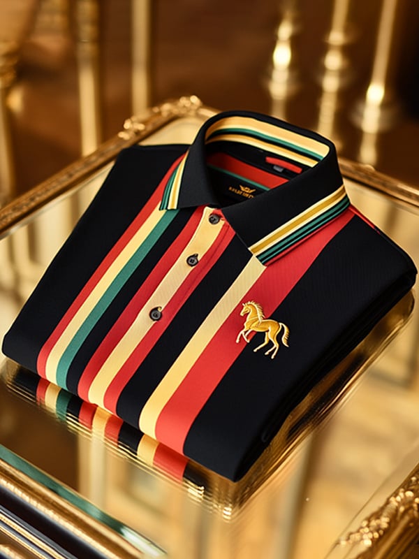 Men's Retro Business Stripe Print Long Sleeve Polo T-Shirt