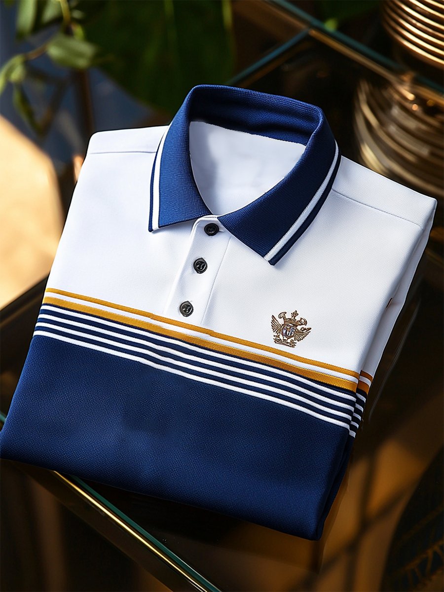 Men's Casual Business Stripe Print Button-Down Short Sleeve Polo T-Shirt