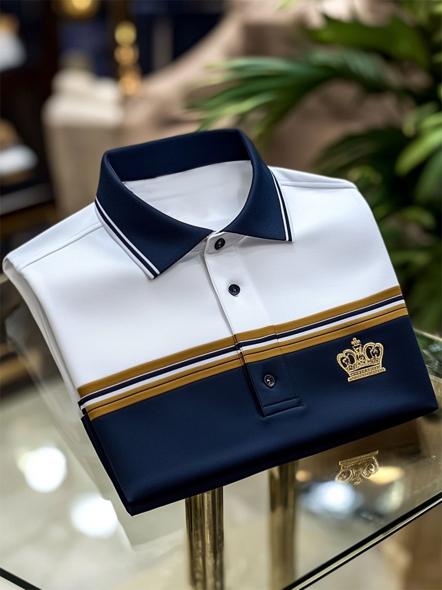 Men's Casual Business Stripe Print Button-Down Short Sleeve Polo T-Shirt