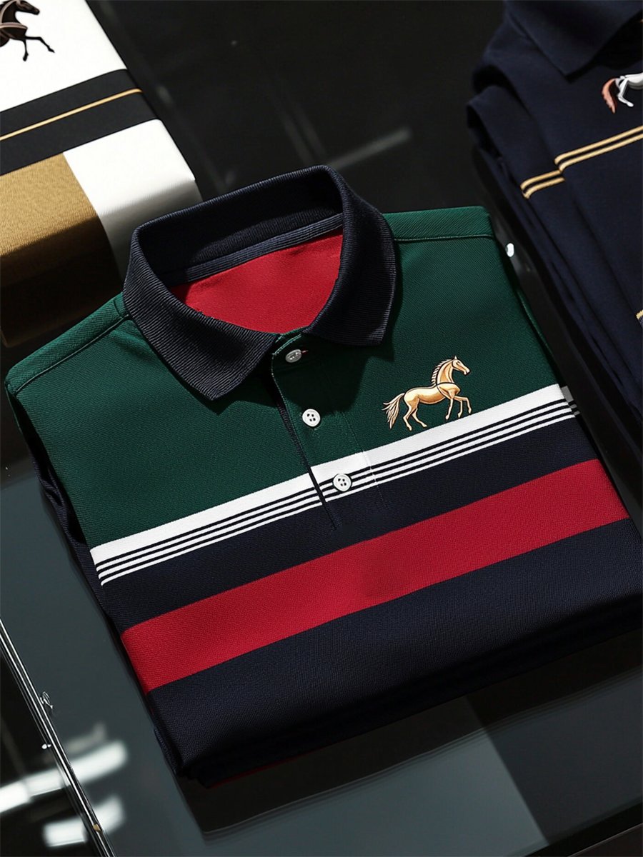 Men's Casual Business Stripe Print Button-Down Short Sleeve Polo T-Shirt