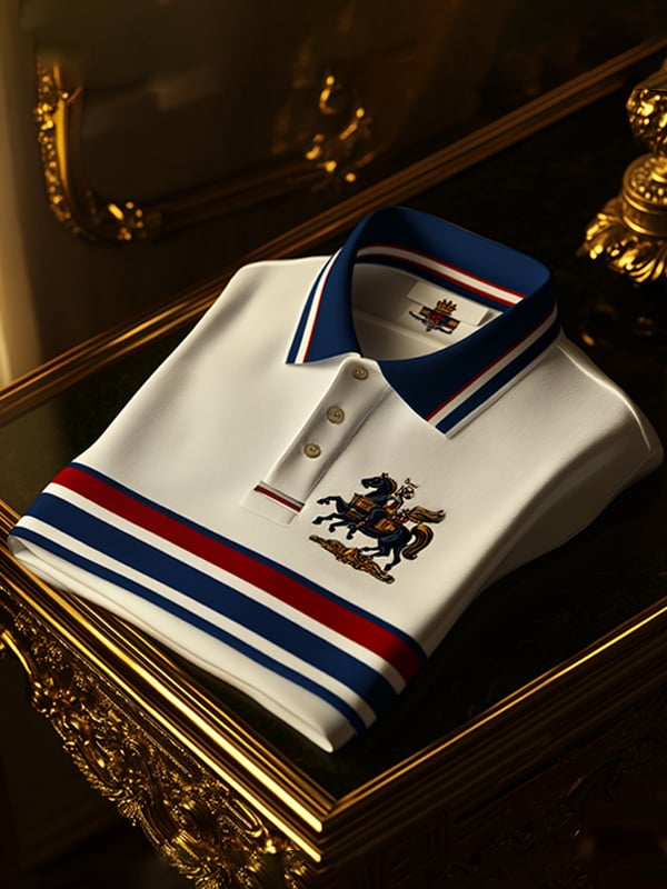 Men's Business Stripe Logo Button-Down Short Sleeve Polo T-Shirt